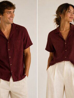 banks journal 70% cotton 30% linen camp collar button up shirt burgundy size sm